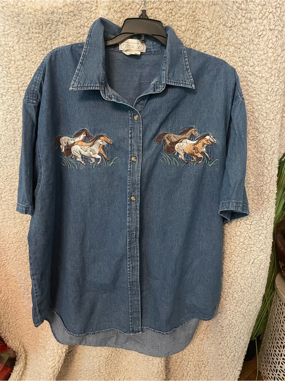Vintage Button-Down Shirt with Running Horses Embroidery - Blue